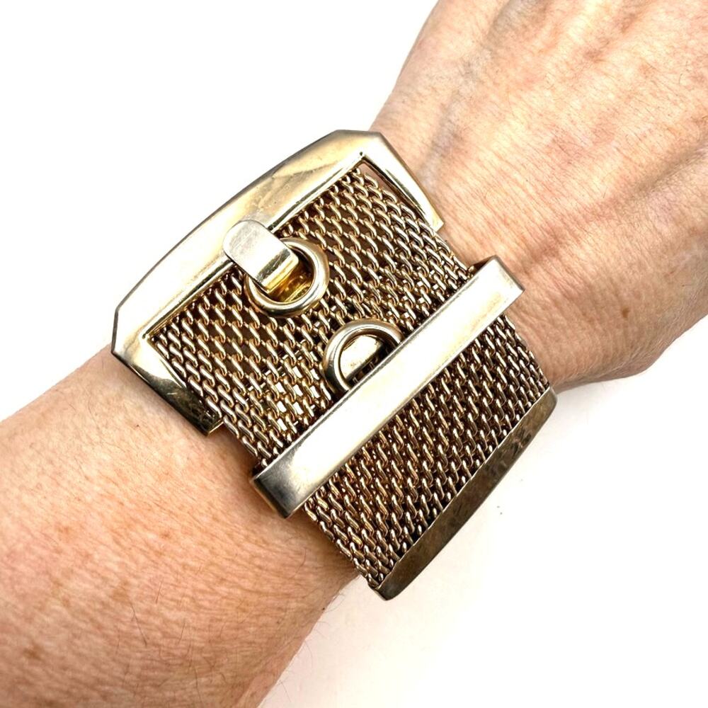 Vintage Wide Gold Tone Mesh Belt Buckle Bracelet Adjustable Statement Cuff